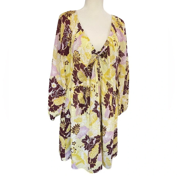 Anthropologie Plus Size V Neck Yellow Floral Mini Dress XL - Picture 5 of 13
